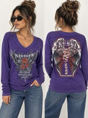 Sturgis 2022 Motorcycle Rally Shirt Womens M Purple Long Sleeve V Neck Biker